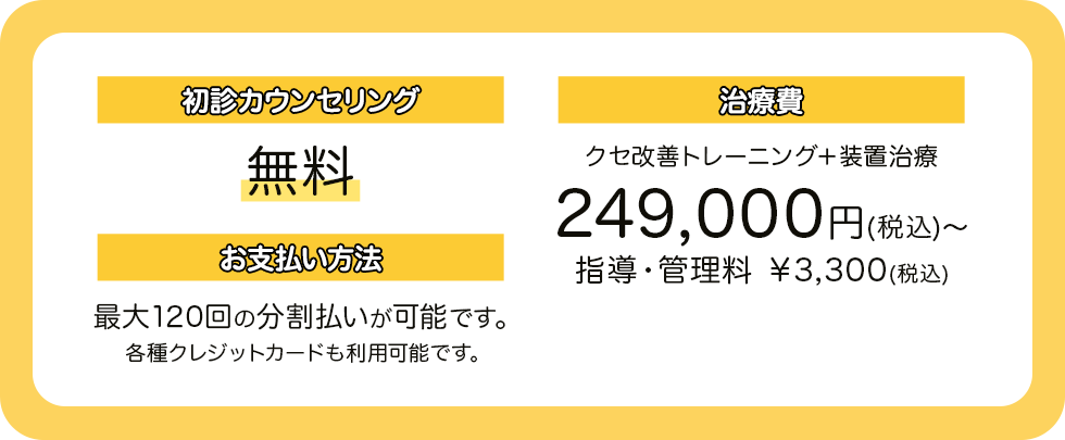 初診カウンセリング 無料 治療費 クセ改善トレーニング＋装置治療 249,000円(税込) 指導・管理料 ￥3,300（税込） お支払い方法 最大120回の分割払いが可能です。各種クレジットカードも利用可能です。